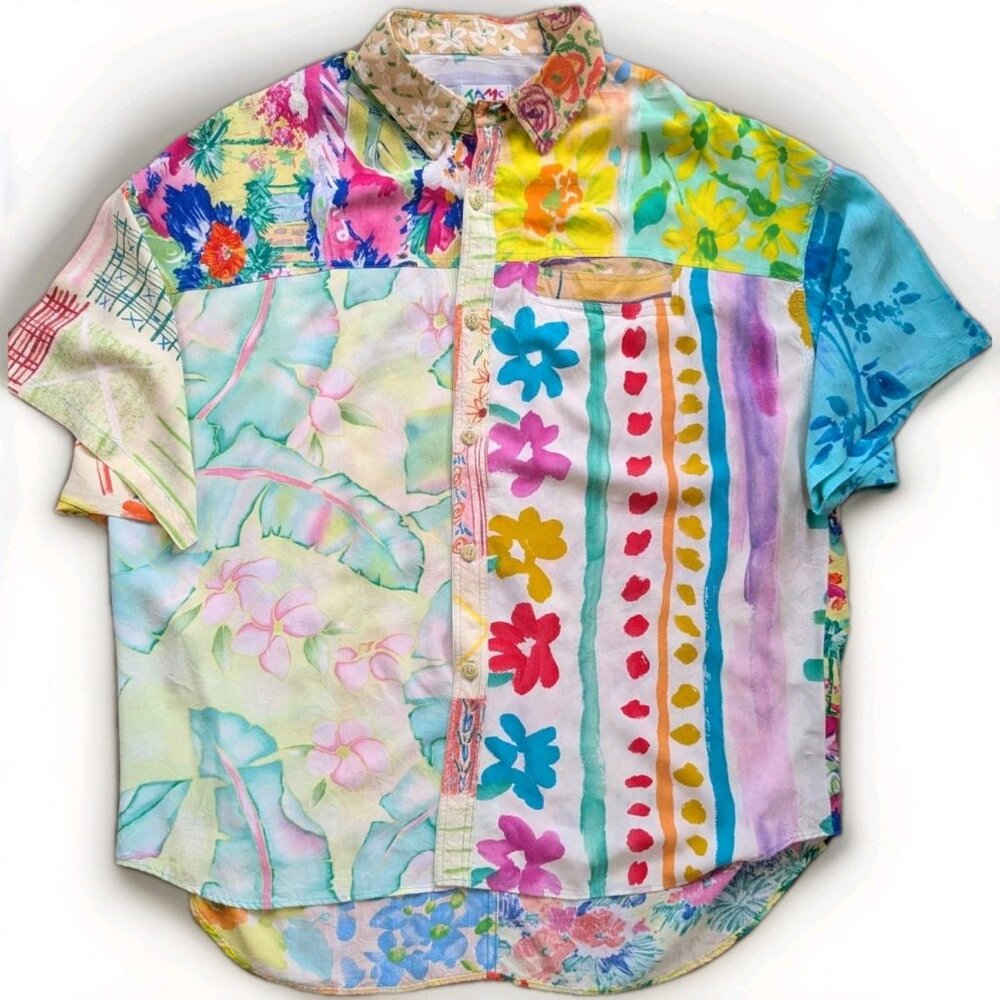 Vintage Jams World Shirt XL Patch Work Button-Up Made in USA Color Collectible